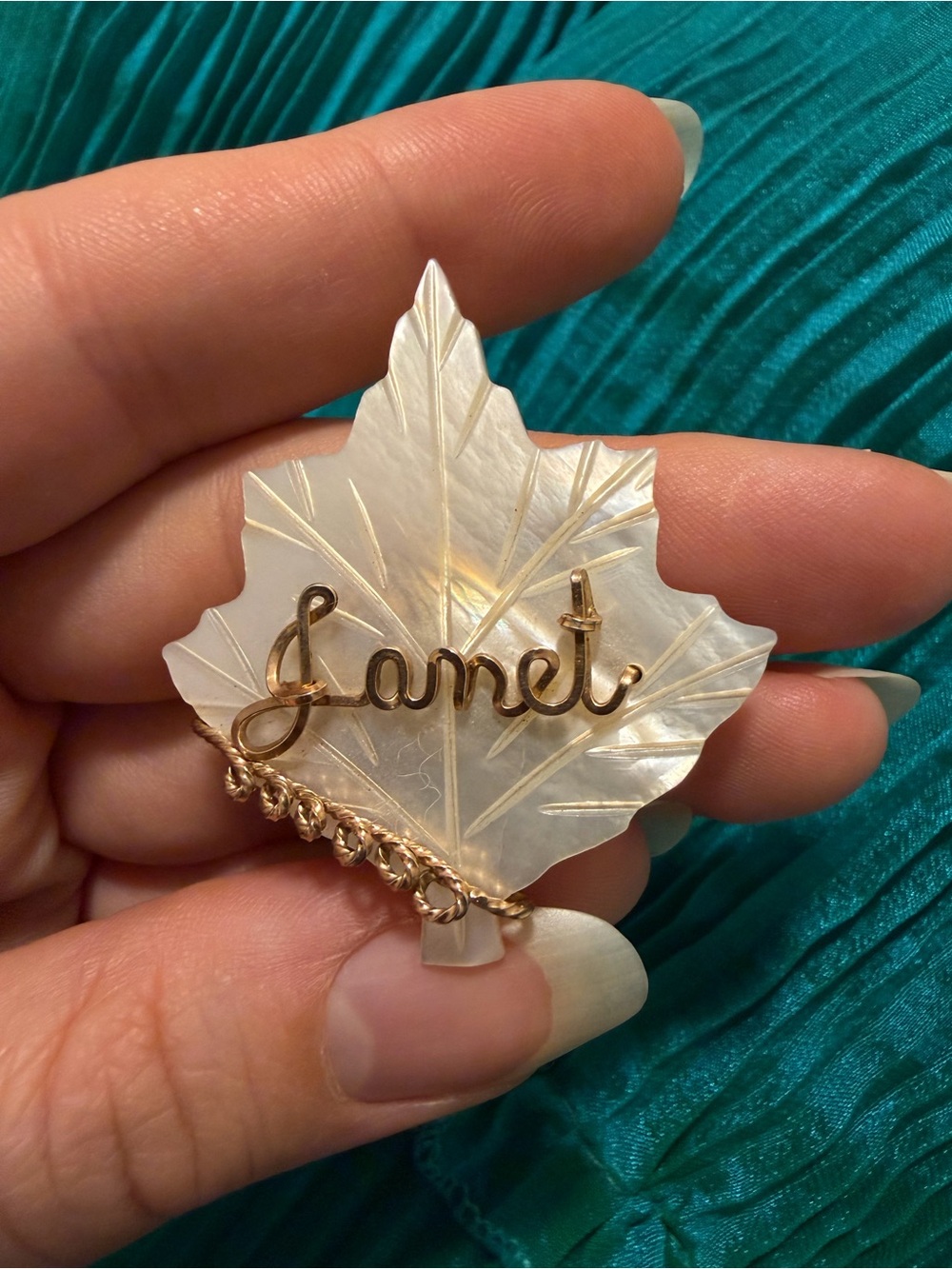 Vintage 1950s Mother of Pearl Maple Leaf Name Brooch Janet Wire Wrapped